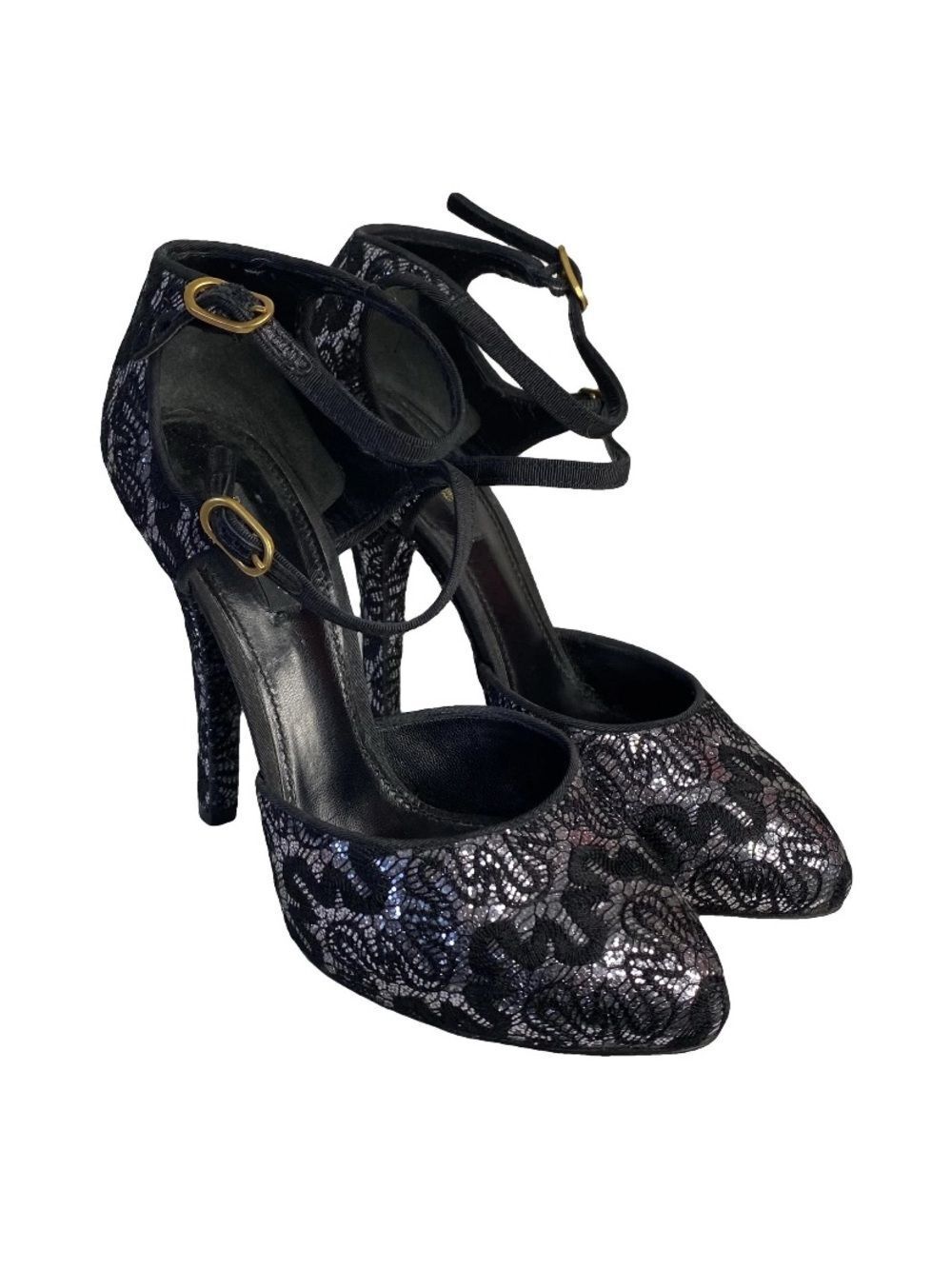 🛍️ Dolce & Gabbana Authentic Black & Silver Lace Overlay Ankle-Strap High Heels